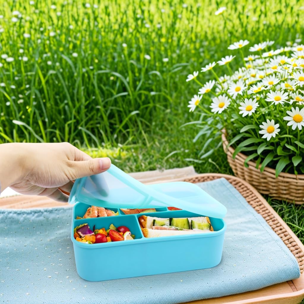 Lot de 2 boîtes à bento en silicone platine avec couvercle, 1,8 l, 5 compartiments étanches, passent au micro-ondes, au congélateur, au lave-vaisselle, sans BPA (bleu + vert)