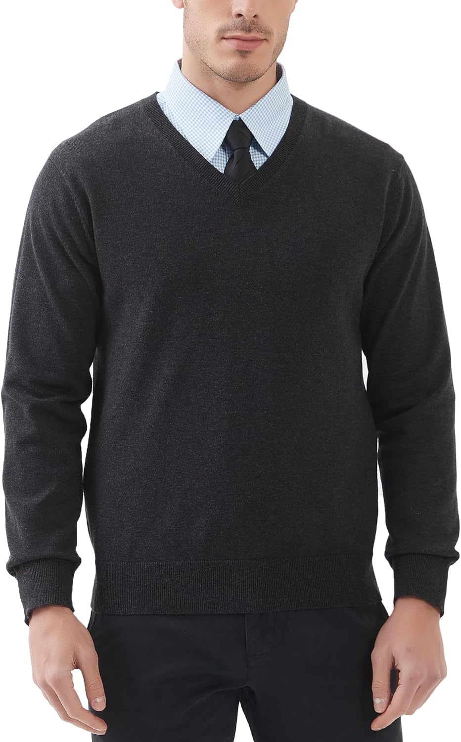 Kallspin Men's V Neck Sweater Pullover Regular Fit Pure Cotton Long Sleeve Lightweight Knit Casual Smart Layering