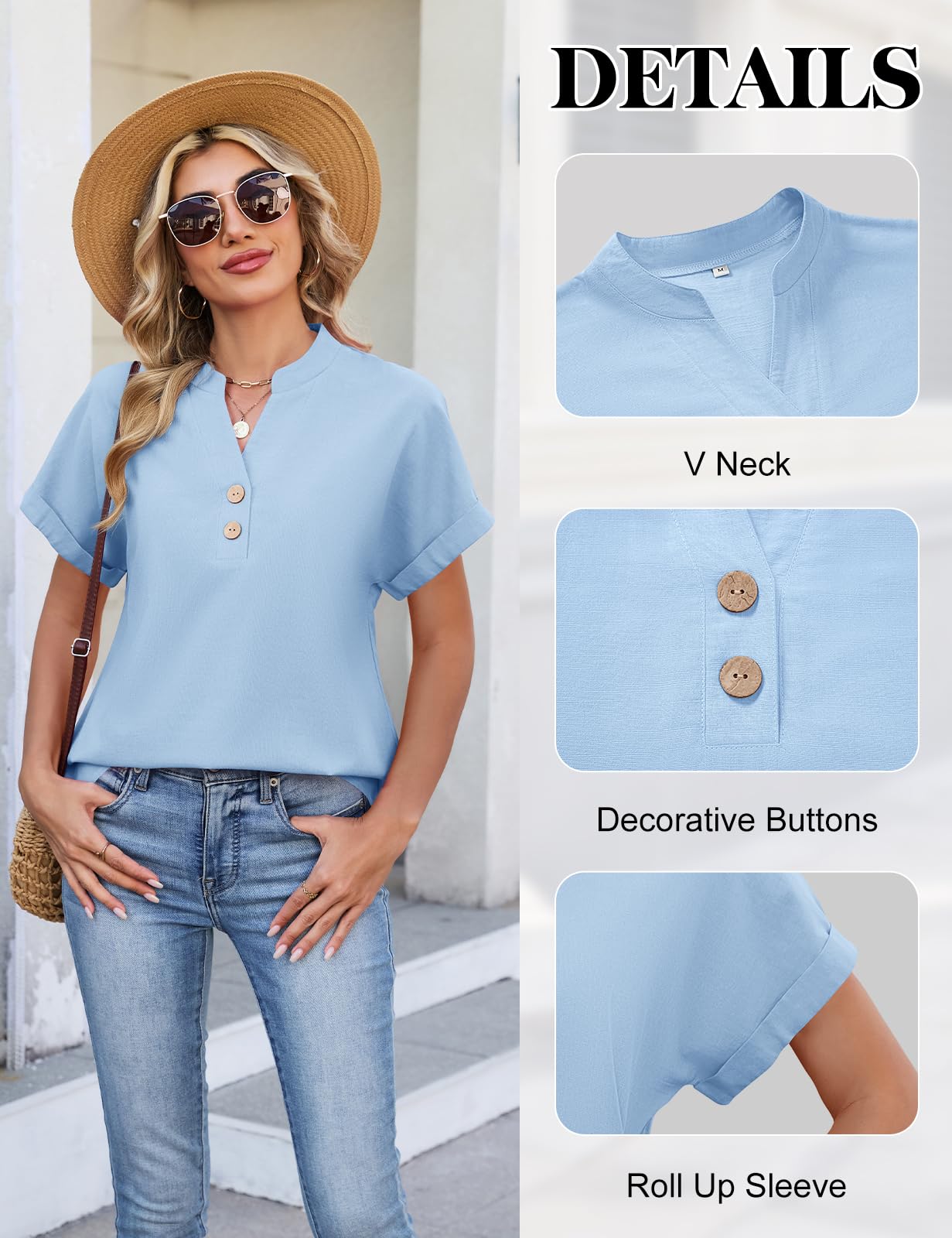 Bluzka damska muślinowa bluzka na lato, dekolt w serek, zapinana na guziki, elegancka, bawełna, len, koszula z krótkim rękawem, luźna bluzka koszulowa, basic, revers, tunika