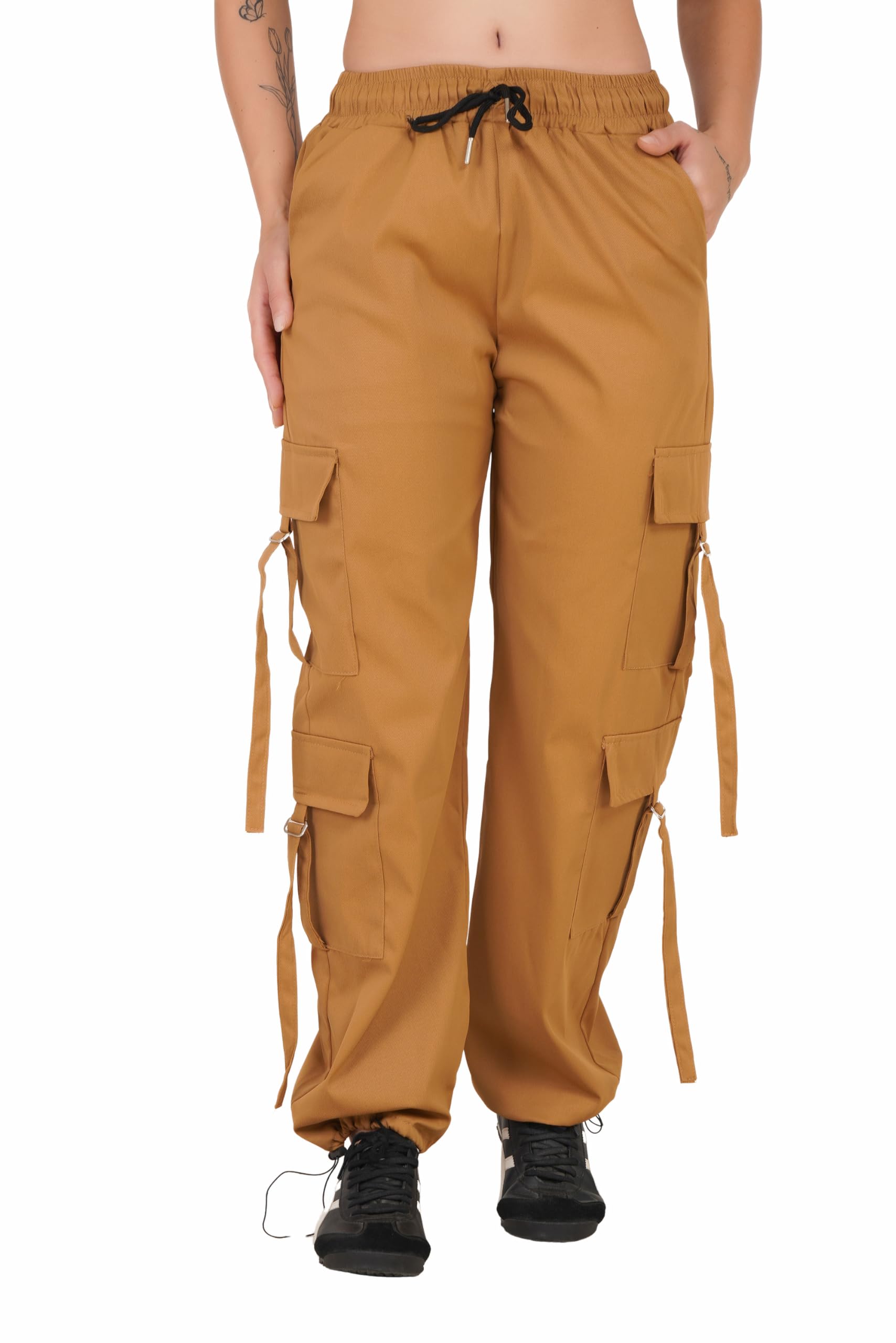 Women's Regular Fit High Rise Cargo Pant | Cotton Fabric Loose Fit Cargo Style Trouser Track Pants Multi Pockets-image-47