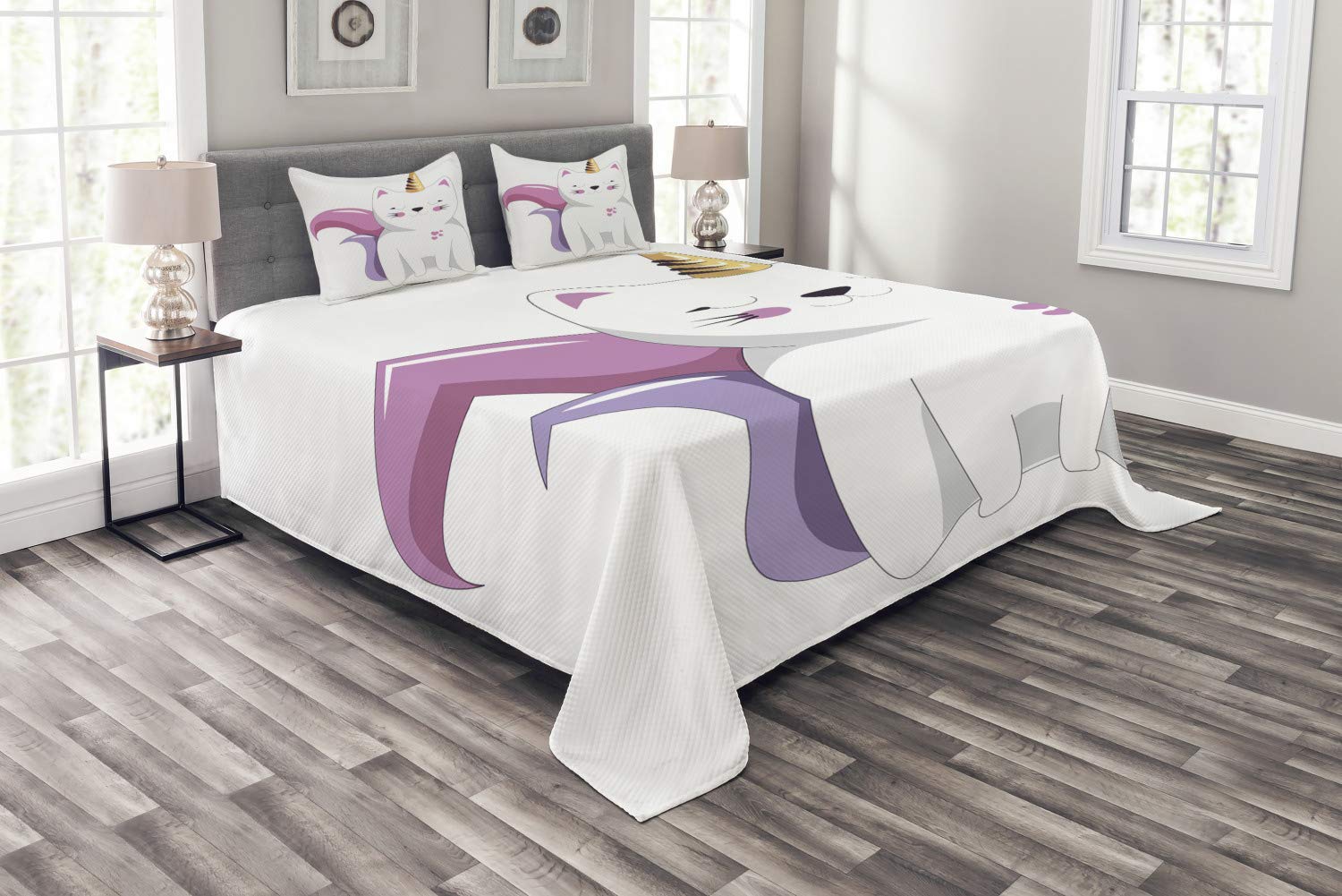ambesonne Unicorn Cat Bedspread, Fictitious Horned Character Face Expression Girls, Decorative Quilted 3 Piece Coverlet Set with 2 Pillow Shams, King Size, Pale Pink Orange Lilac