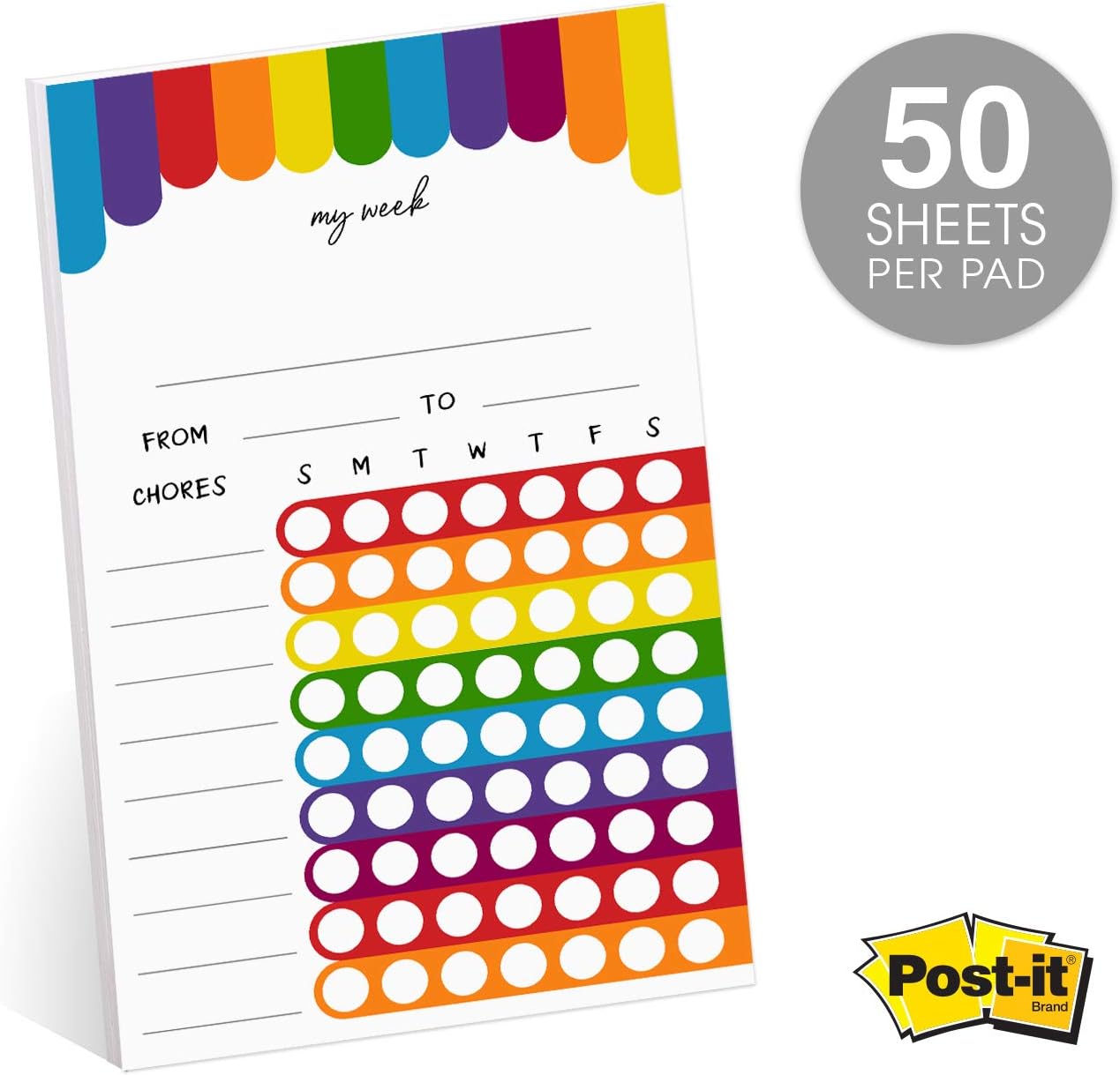Cheerful Rainbow Weekly Chore Chart / 6" x 10" Sticky Note Fill in Task List/Engaging Week Assignment List