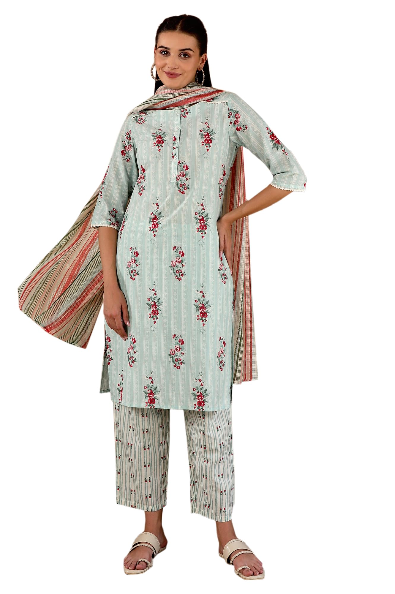 w for woman Women's Pure Cotton Floral Printed Straight Kurta and Pant with Dupatta Set-picture-27