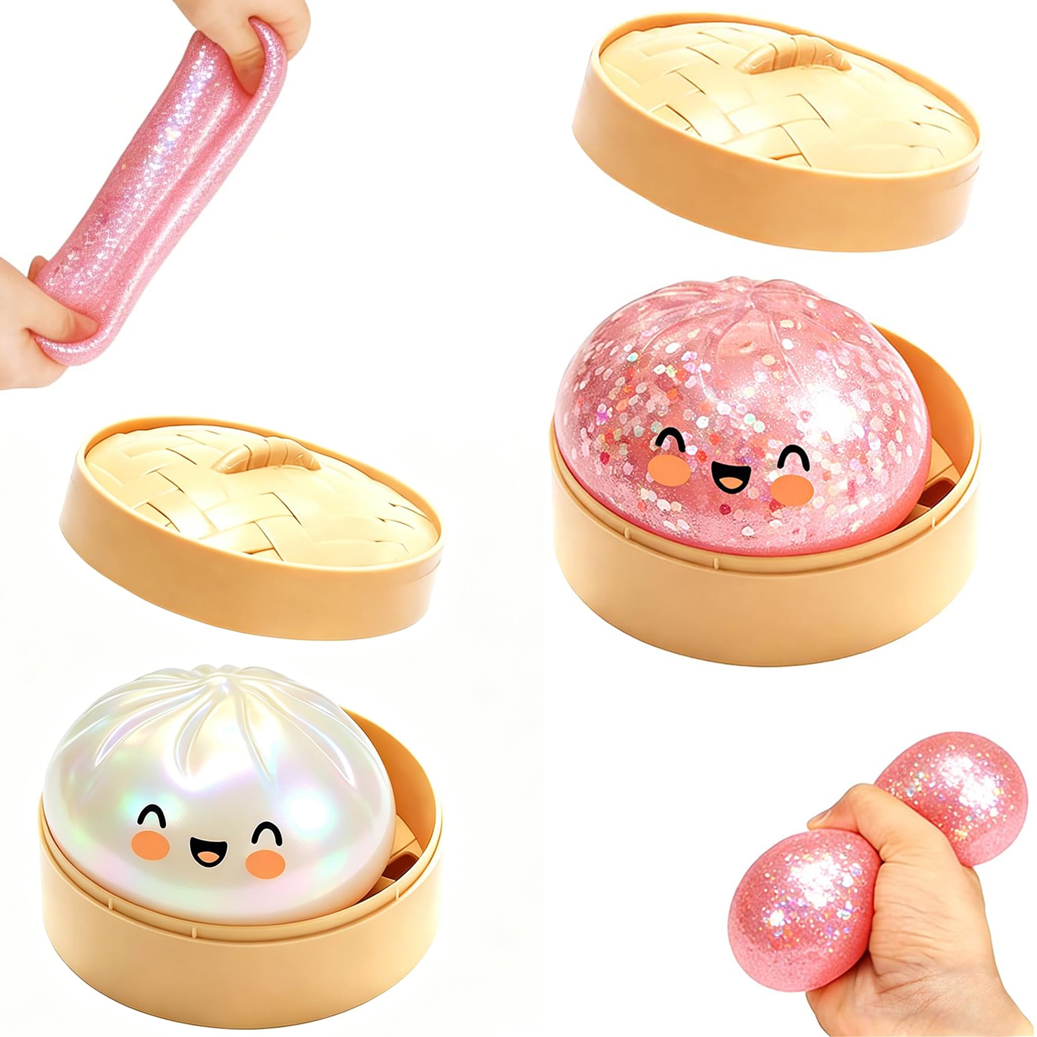 Giant Glitter Dumpling Squishy, Colorful Mystery Stress Dumplings, Cute Soft Calming Unbreakable Figurine Simulation Ball (2 PCS Pink+White)