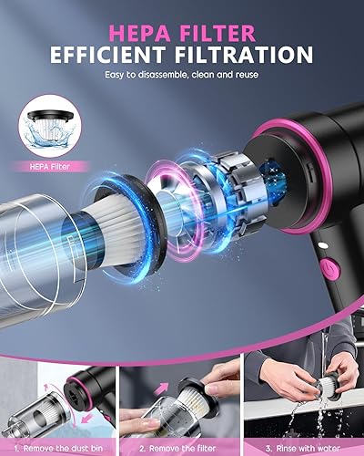 Miniatura 6 de CODN Aspiradora de mano portátil inalámbrica de 12000 PA, aspiradora de mano 2 en 1 y plumero de aire con múltiples boquillas y luz LED, mini