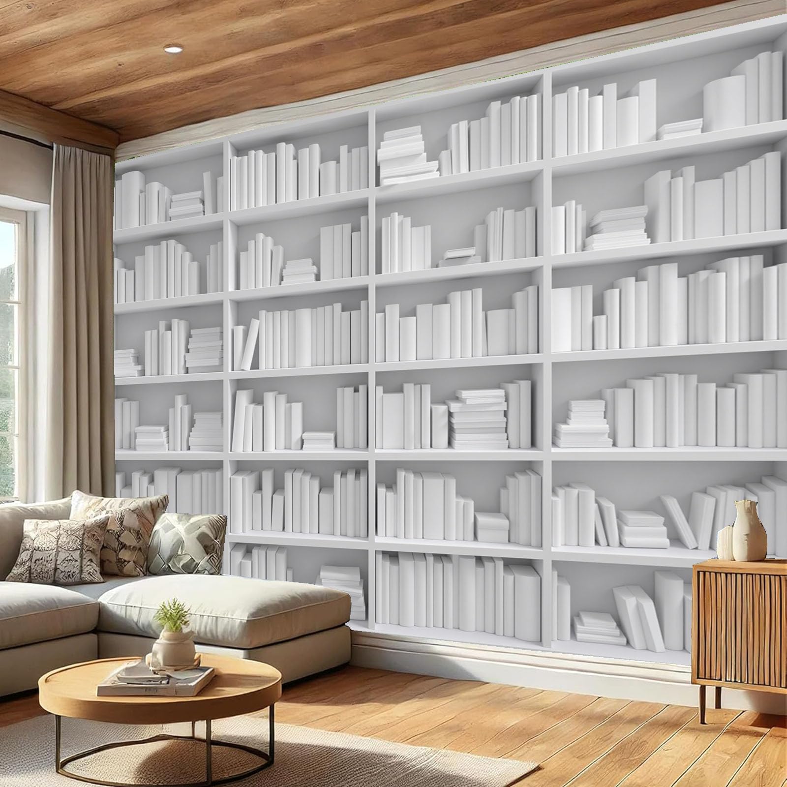 Fototapete Bücher Bücherregale, 3D Tapete Minimalismus, Tapete Dekoration Schlafzimmer Wohnzimmer Büro Flur Fototapete Dekoration Study Zimmer Restaurant, 300x210cm, Weiß