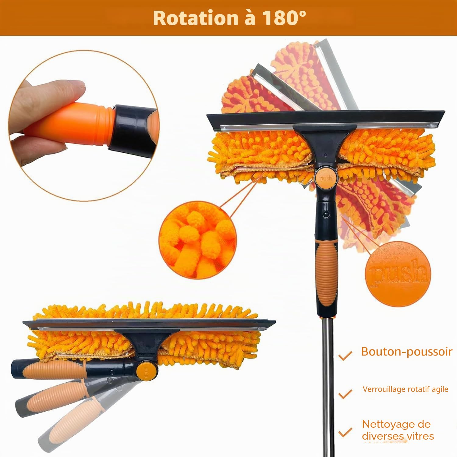 3-en-1 Nettoyeur de Raclette Vitre Kit avec Manche Telescopique Brosse nettoyante Extensible Perche Télescopique Nettoyage Extensible Balai Lave vitre avec Raclette pour Panneaux Solaires