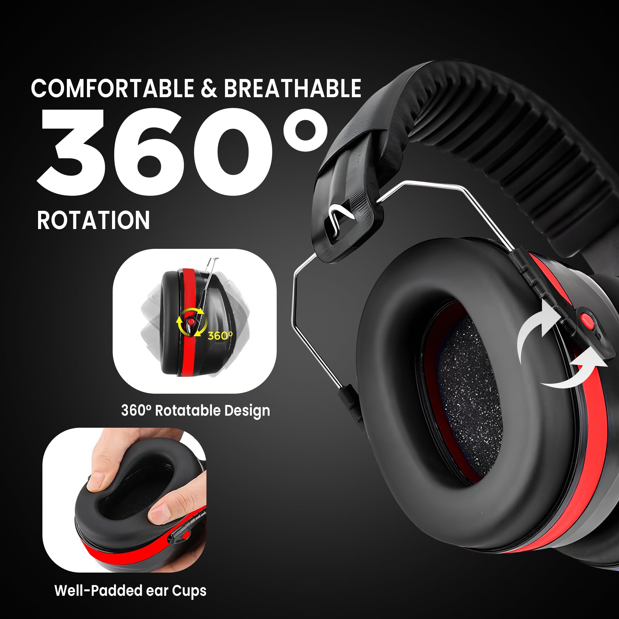 FATASH Noise Cancelling Ear Defenders For Adults, Red - Image 4