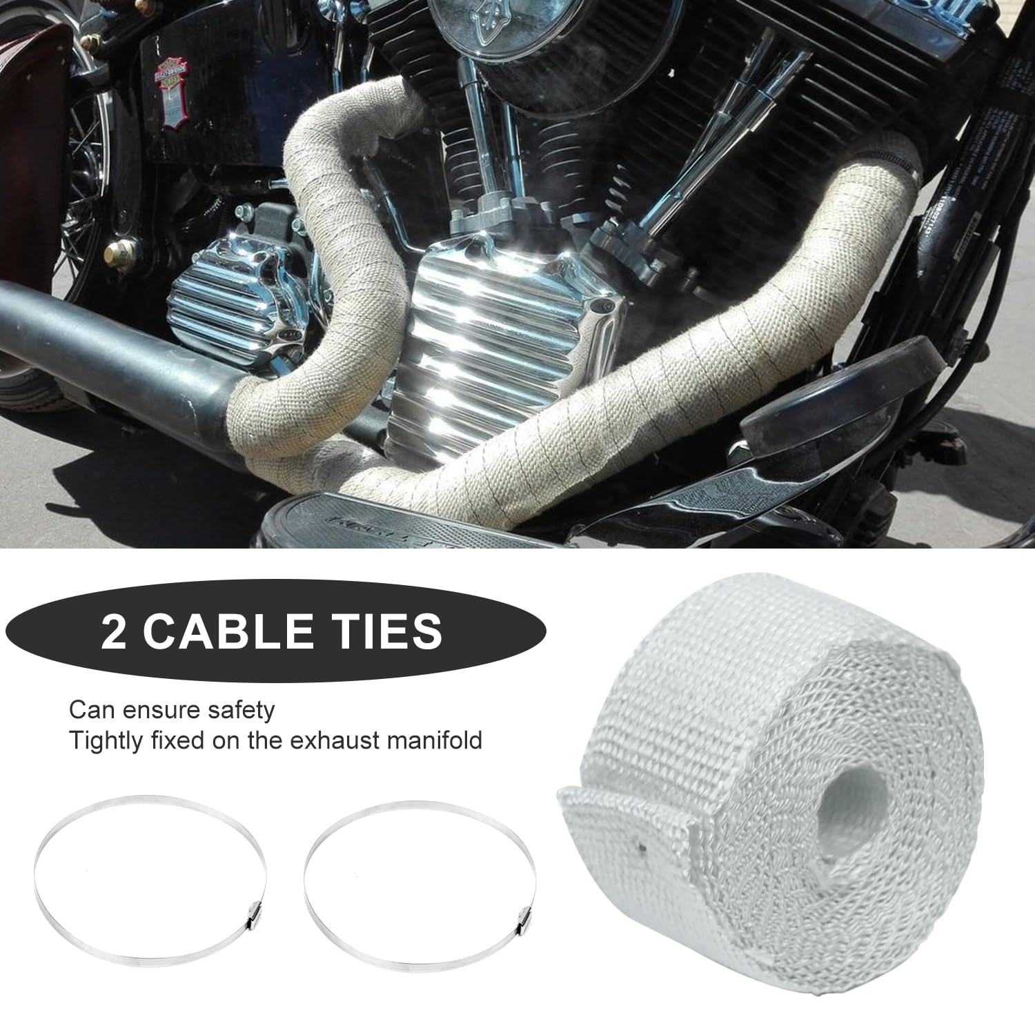 Nastro Isolante Termico, 5m x 5cm Nastro Termico Isolante con 2 Fascette Moto Nastro Benda Isolamento Termico Collettori di Scarico per Collettori di Scarico Moto e Auto, 1 Pezzi, Bianco