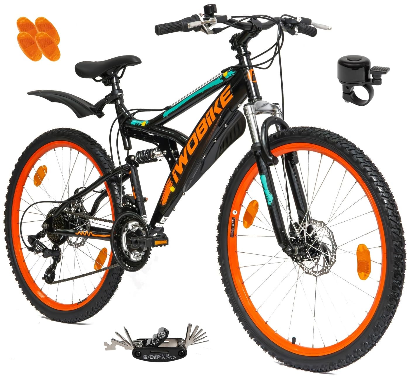 Rower Górski MTB, 26 Cali, Uniseks, 21 Biegów, Rama Stalowa 17,5" | Rower Górski MTB, 26 Cali, Uniseks, 21 Biegów, Rama Stalowa 17,5", Full Amortyzacja, Hamulce Tarczowe, Czarny z Pomarańczowym