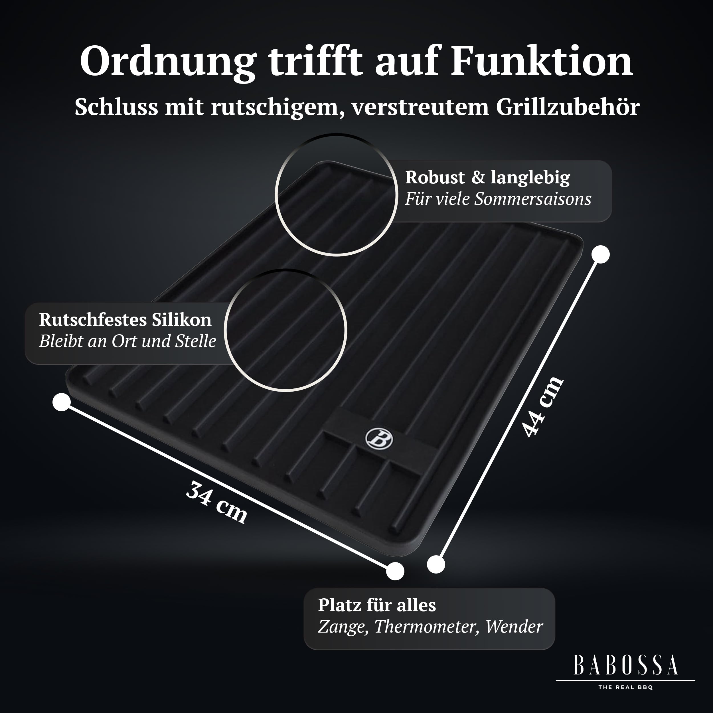 BABOSSA Magnetische Besteckablage – Silikon Grill Matte 44 x 34 cm – Rutsch- und spühlmaschinenfest - Zubehör für BBQ und Grill – Hitzebständig und vielseitig einsetzbar
