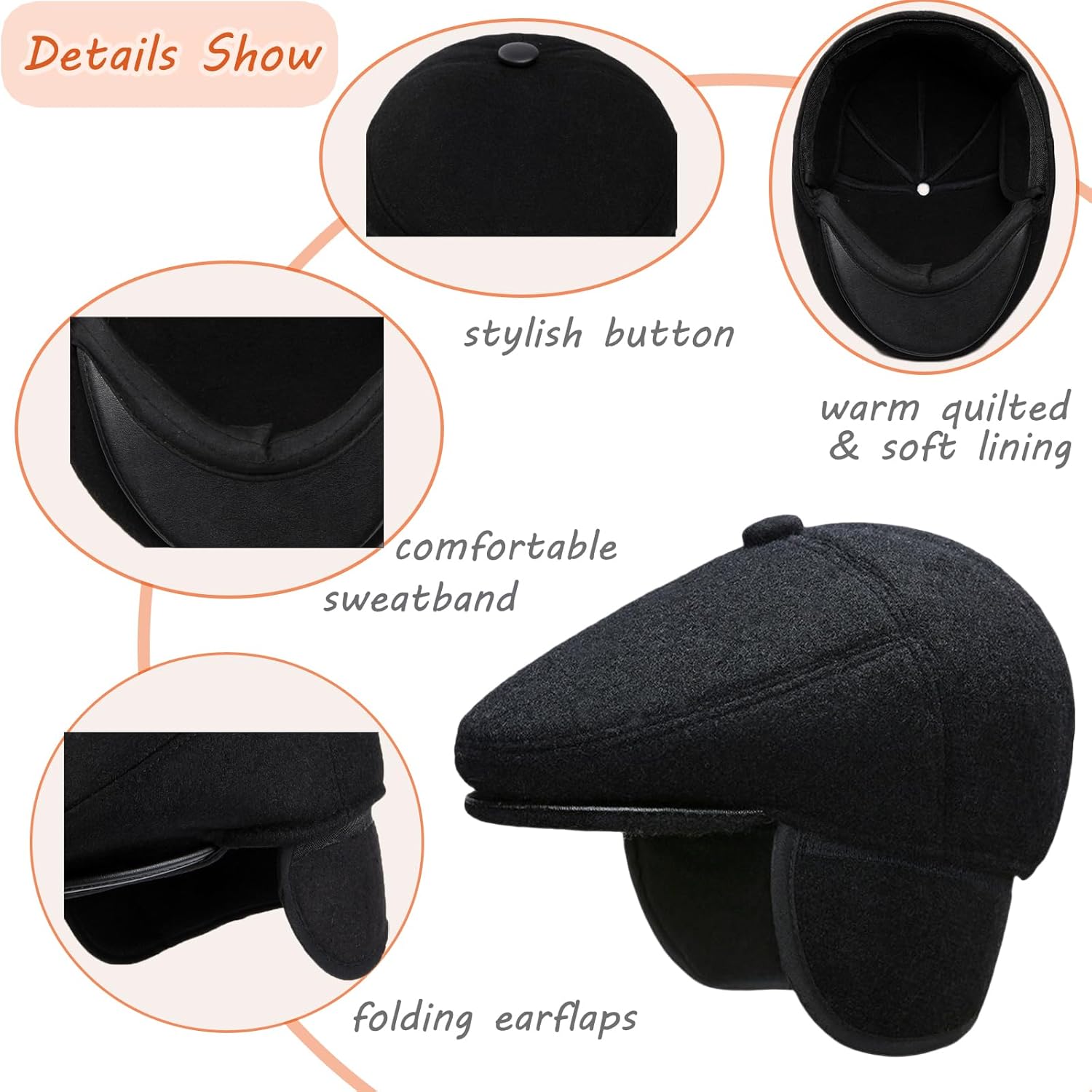 Men's Winter Flat Cap with Ear Flaps Wool Warm Newsboy Hat Derby Tweed Irish Cap Peaked Gatsby Beret Hat Grandad Driving Cap - Image 7