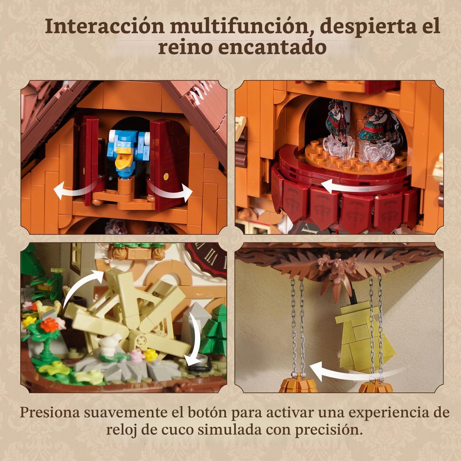 PANTASY Juego de bloques de reloj de cuco, diseño vintage chalet, reloj de pared mecánico con cuco motorizado, escenario giratorio y rueda de agua, perfecto para