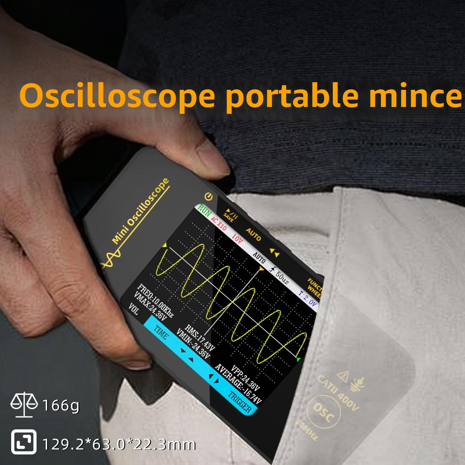 BSIDE Oscilloscope portable 3,2" TFT Oscilloscope numérique portable 10 MHz, débit automobile, oscilloscope 48 MSA/s, fréquence d'échantillonnage, fonction automatique/nome/unique