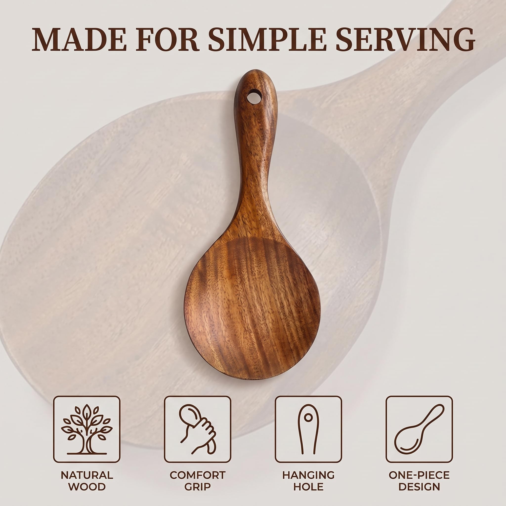 Natural Wooden Rice Spoon - Non-Stick & Durable -3