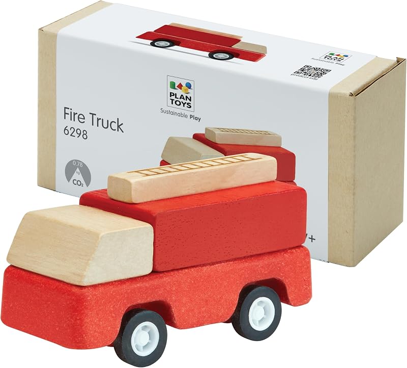 PlanToys® Camión de bomberos Vehículo Montessori de madera Juguete para niños en interiores y exteriores | ruedas rodantes, camiones de juguete, auto para niños pequeños, niñas, niños, movimiento temprano imaginativo, vida práctica, juego de regalo de motricidad fina, aprendizaje
