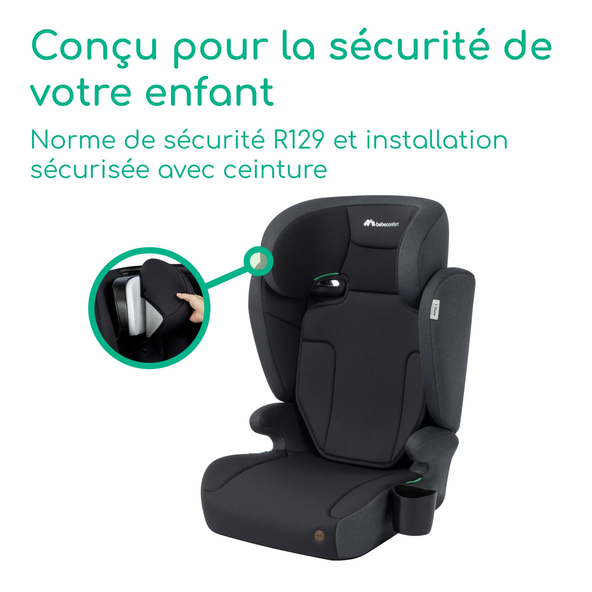 Bebeconfort Ride 2-in-1 i-Safe, Rehausseur Siège-auto Enfant, 3,5-12 ans (100-150 cm), Rehausseur Ceinturé, Dossier Amovible, Léger (3,4 kg), 11 Positions D'appui-tête, Porte-gobelet, Full Black