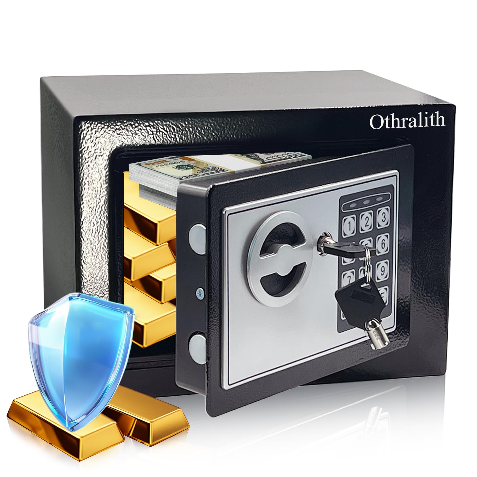 Photo 1 of Othralith Small Safe Box for Money, 0.23 Cu Ft Mini Kids Safes Security Safety Lock Box for Home Dorm Use, Hidden Wall Personal Money Safe with Keys & Code for Cash Jewelry Gun Office Hotel (Black)