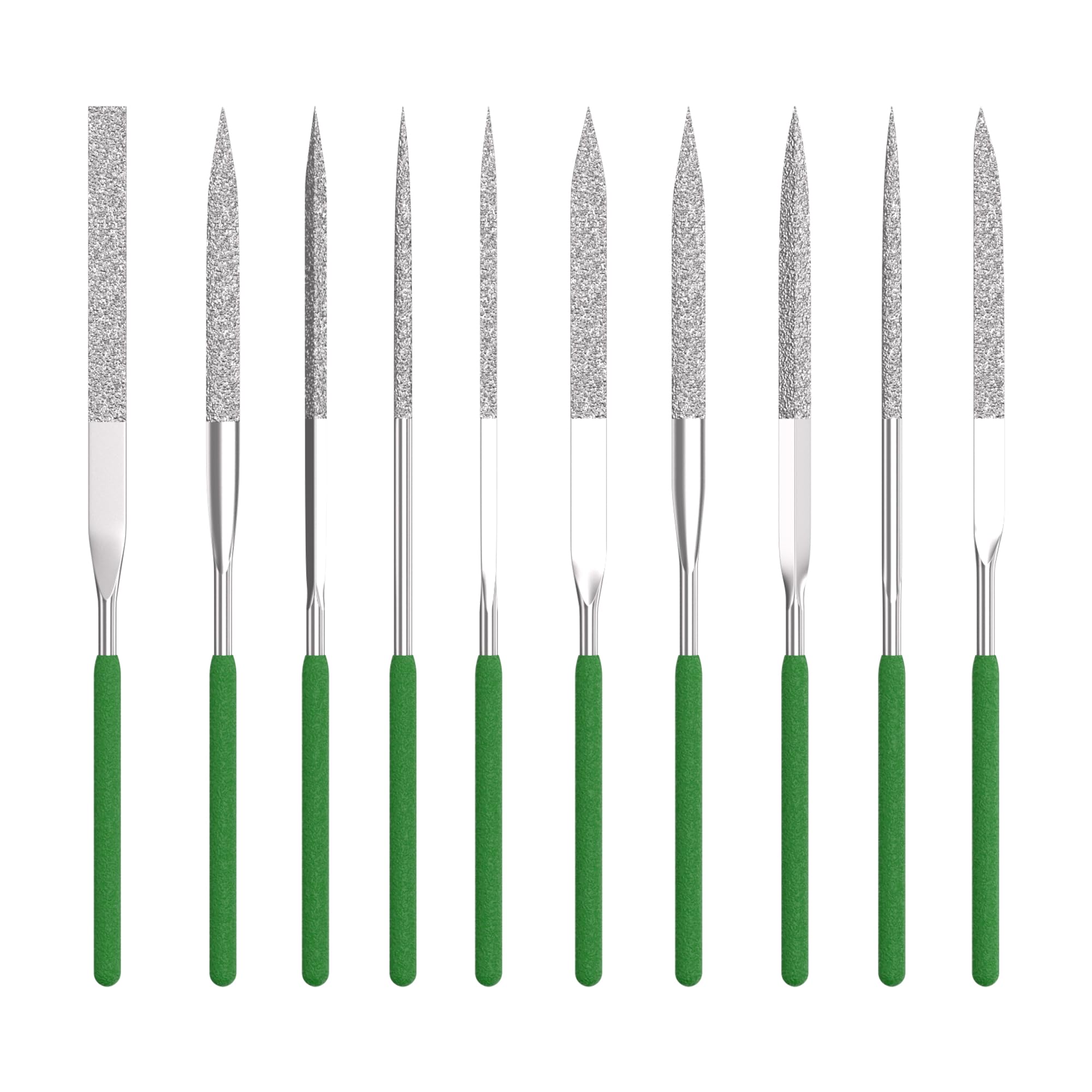 HUHAO 10-Piece Mini Diamond Needle File Set 3x140mm Small Metal Riffler Files Jewelers File Precision Hand Tools for Metal Glass Wood Stone Jewelry - Round Triangular Square Flat Shape