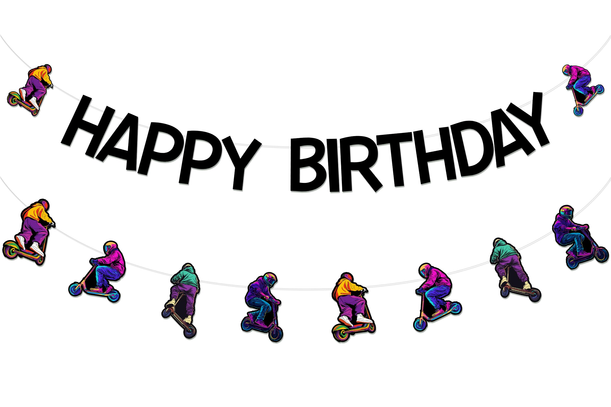 Funmemoir Scooter Birthday Party Decorations - Happy Birthday Banner, Scooter Party Garland, Pre-Strung Party Banners for Cycling Bicycle Motorcycle Riding Theme Party