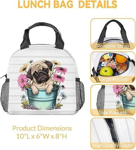 Miniatura 3 de Lonchera de pug para niños, lonchera aislada para niñas y niños, lindas bolsas de almuerzo blancas reutilizables, pequeña con bolsillos, bolsa de