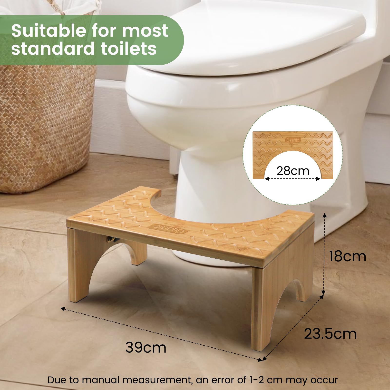 DEANIC Taboret toaletowy dla dorosłych, 100% naturalny bambus, taboret toaletowy z podkładkami antypoślizgowymi, wysokość 18 cm, stołek toaletowy, składany, odciążający zaparcia, wzdęcia