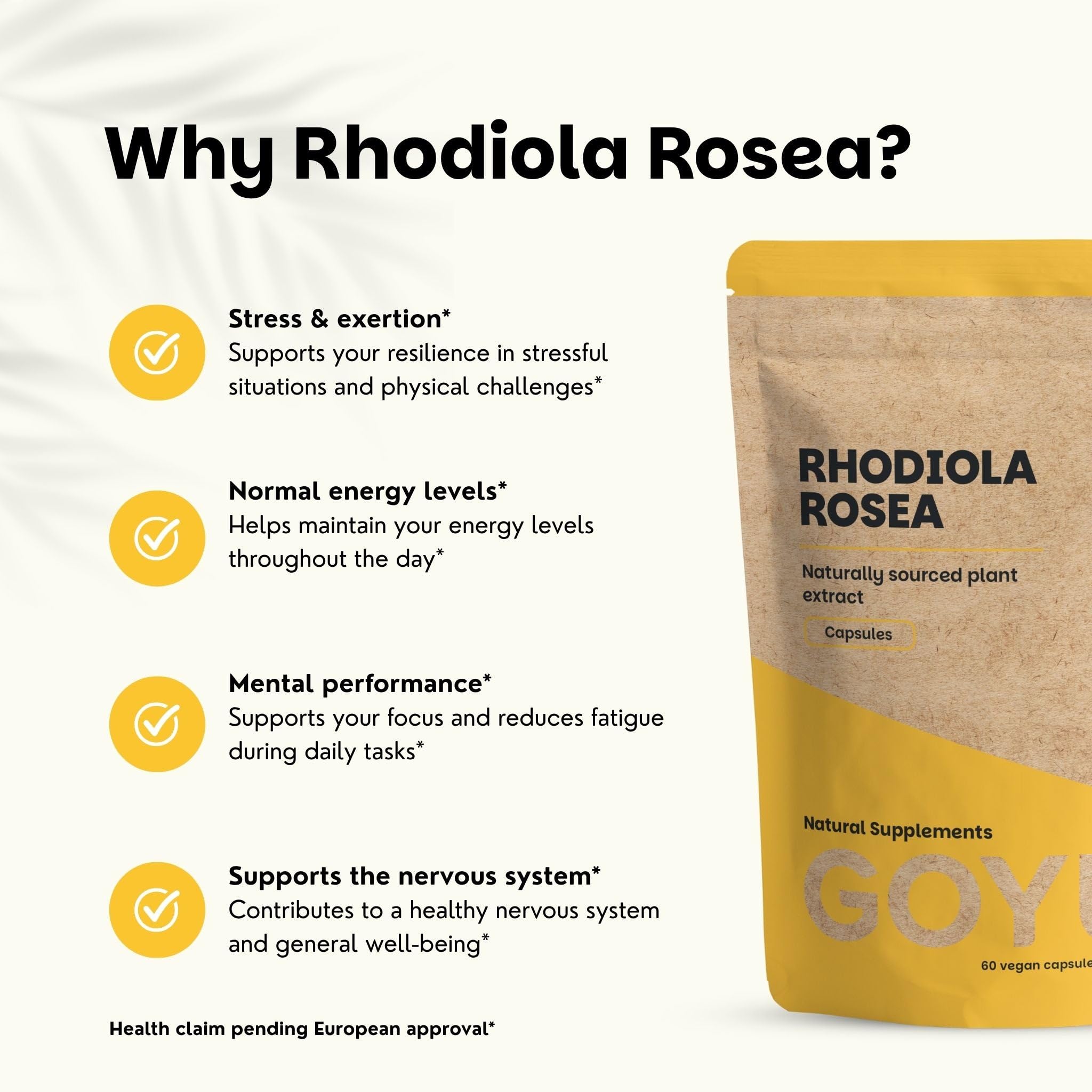 GOYU Rhodiola Rosea Kapseln 500 mg Kombideal 4x 60 Capsules - Rosavine – Fokus – Rosenwurz – Nootropikum Nootropika – Vegan – Ohne Zusätze – Laborgeprüft – 60 Tage Vorrat pro Beutel – Cupplement