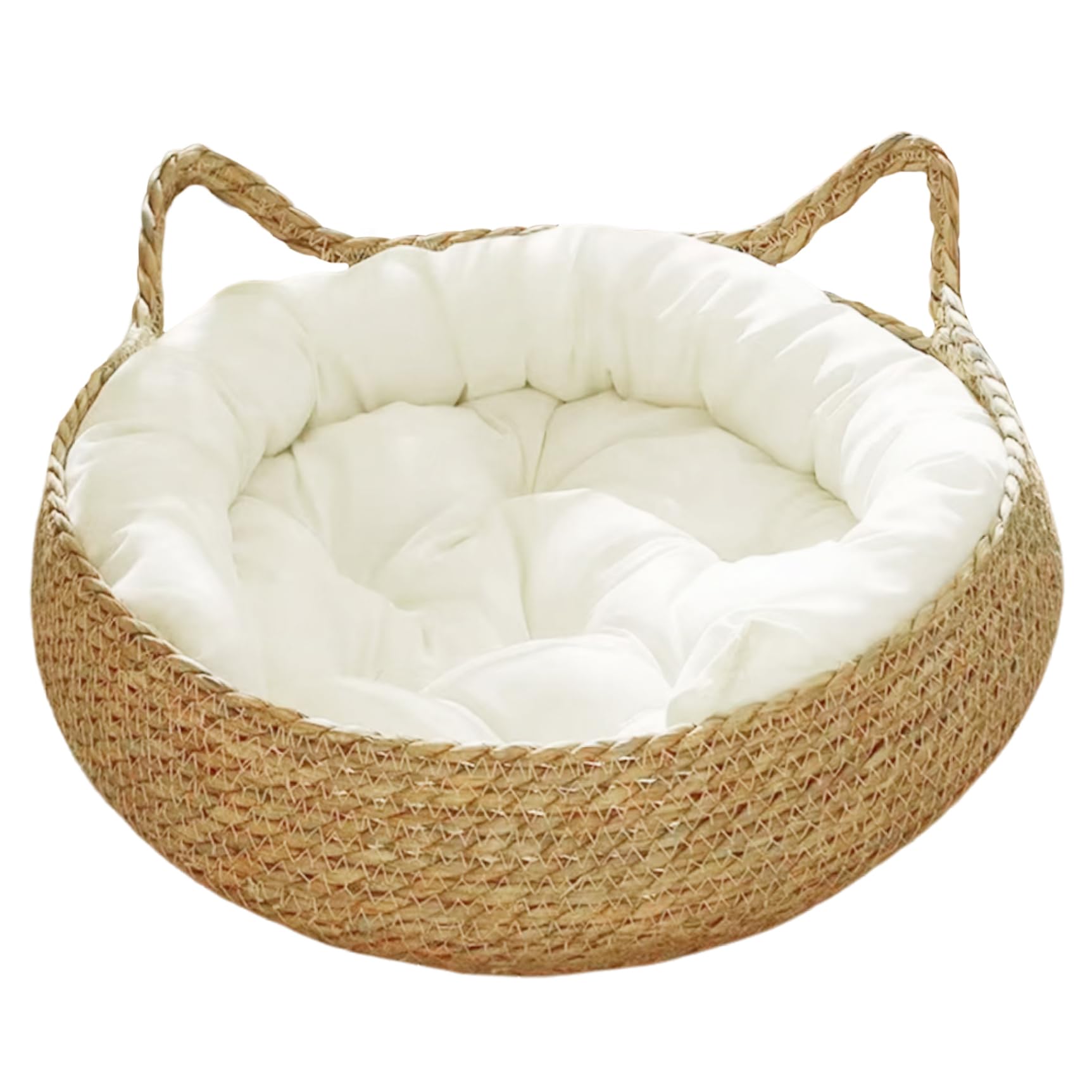 Panier rond en osier, 38,1 cm, en paille tissée avec coussin doux, forme d'oreille de chat pour chats de petite et moyenne taille