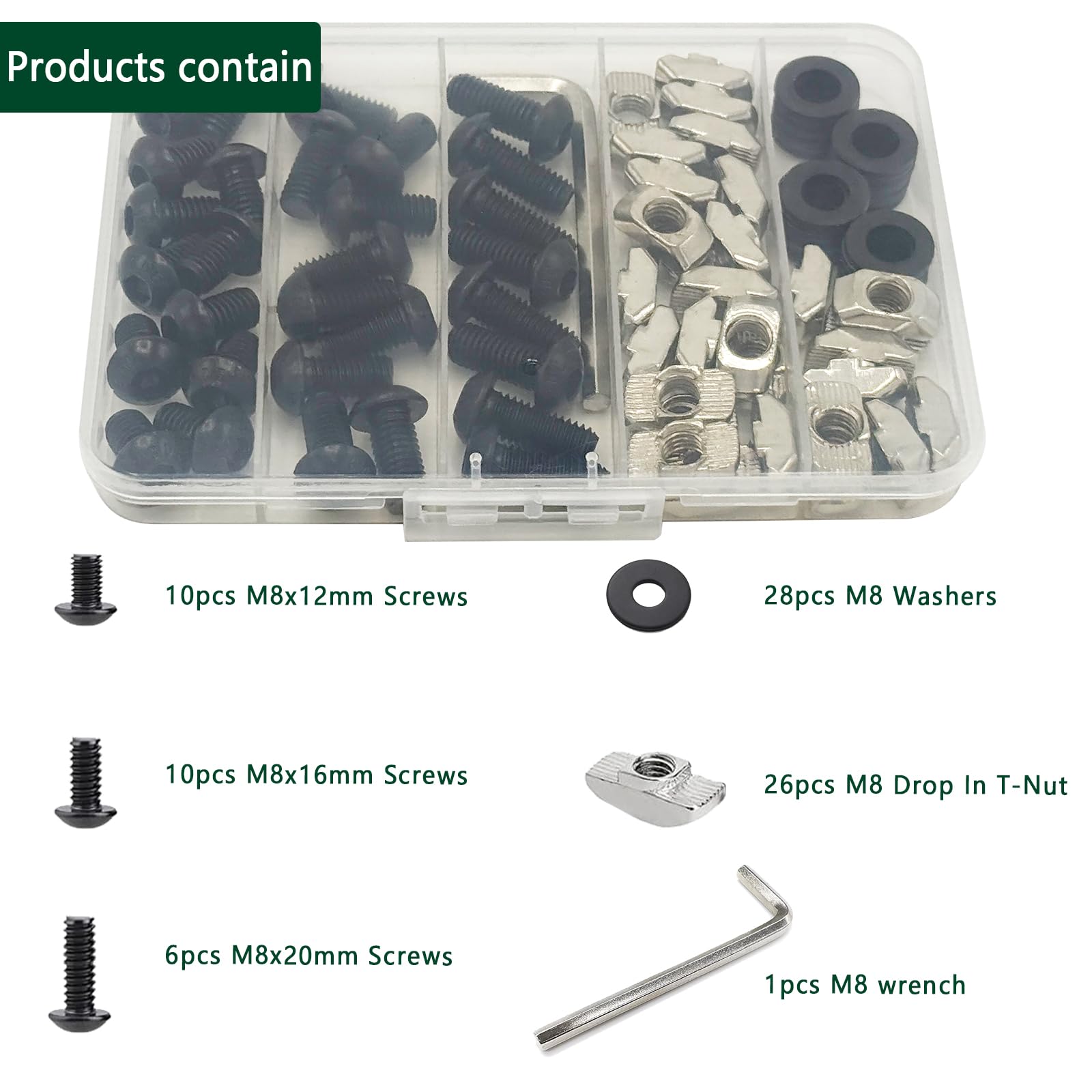 80 pcs M8 T Nut Screws Kit for 4040 4080 Aluminum Extrusion, 26 pcs Black M8x12/16/20mm Hexagon Socket Carbon Steel Screws and 26 pcs M8 Drop in T-Nuts, 28 Washers with Hex Wrench — Amazon image 2