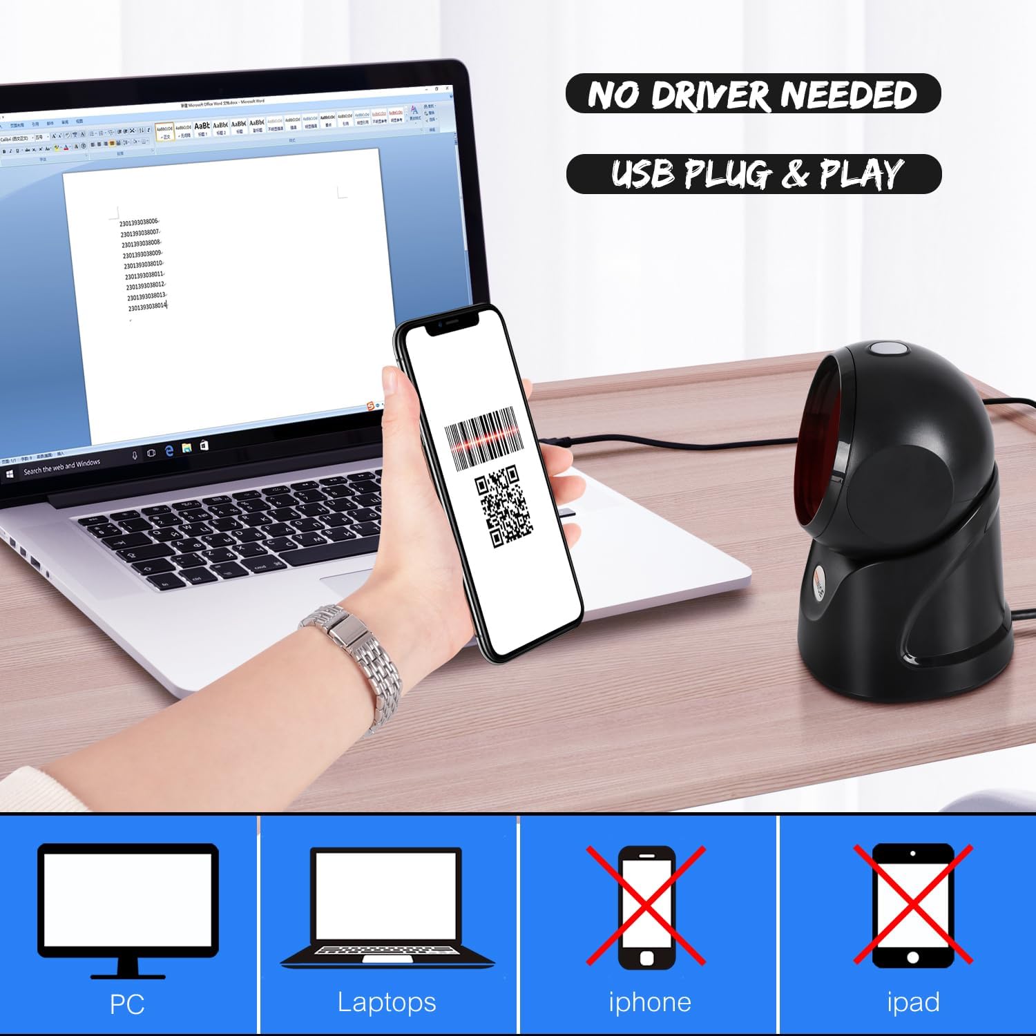 WoneNice Automatic Omnidirectional Barcode Scanner, Desktop 1D 2D QR Code Scanner, Hands-Free USB Wired Image Reader for Warehouse Retail Supermarket Books & Inventory