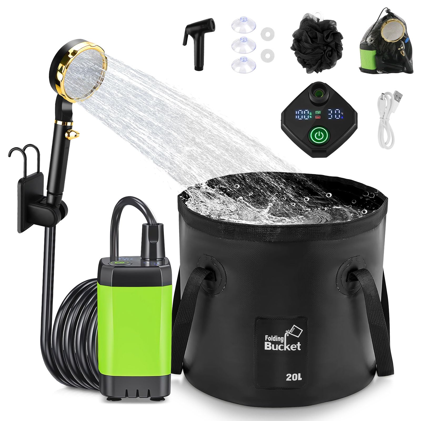 Anesty Portable Camping Shower Kit, 6000mAh Rechargeable Portable Shower Pump with Smart Display, 20L Foldable Bucket & Accessories for Outdoor Hiking, Travel, Car, Pet-image-39