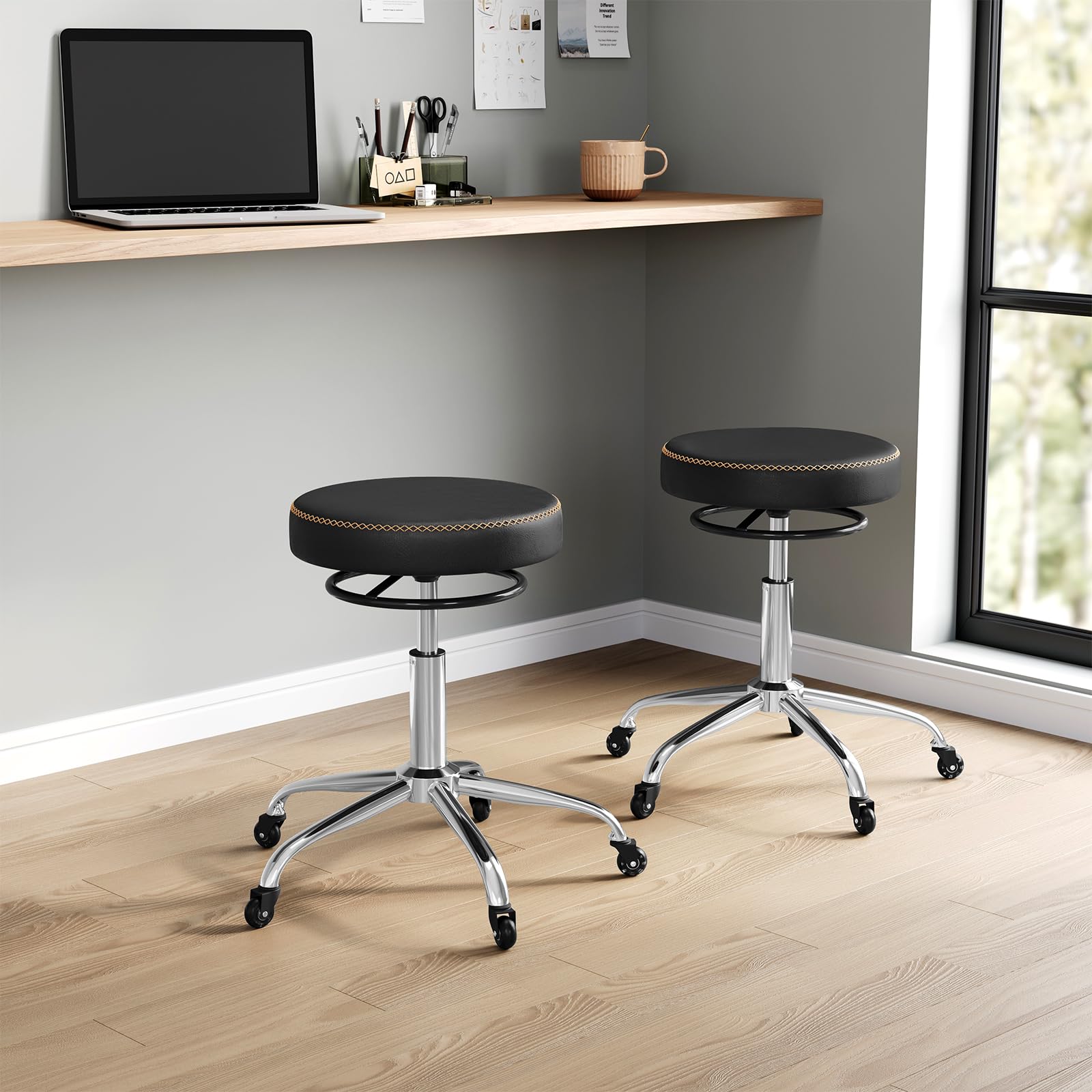 WOLTU Taburete con Ruedas, Taburete Oficina de PU, Negro | Silla de Trabajo, Altura Ajustable, Silla Giratoria para Masajes, Oficina, Clínica y Laboratorio