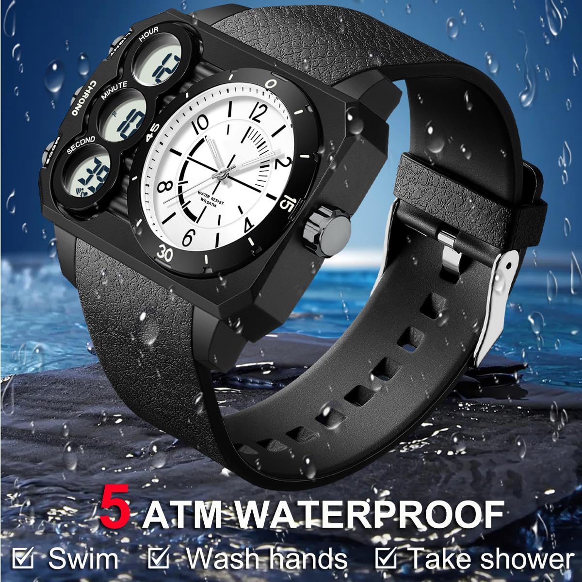 findtime Reloj analógico digital único para hombre, doble zona horaria, deportivo, al aire libre, cuadrado, grande, alarma, cronómetro, cuenta regresiva, LED, luminoso, negro y verde