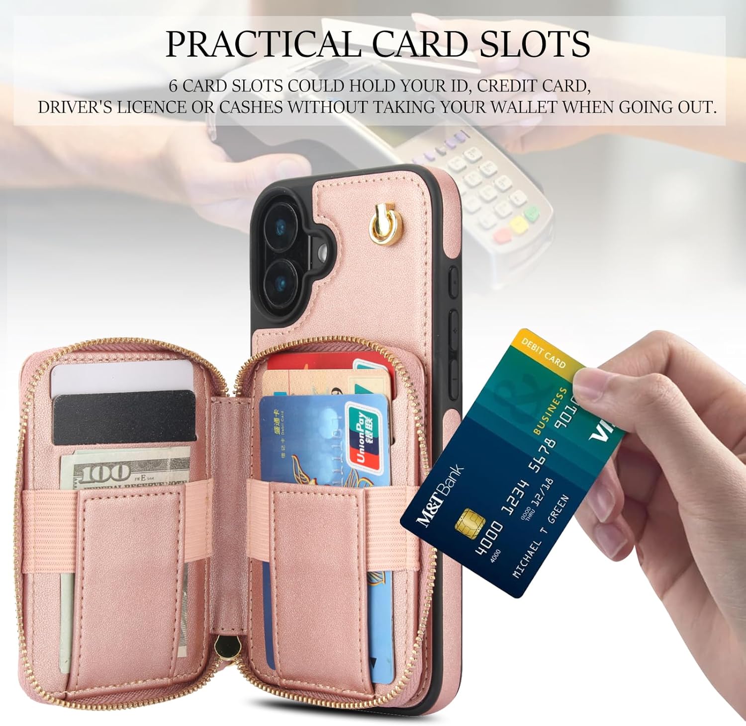 Phone Case for iPhone 16 6.1 inch Wallet Cell Cover with Tempered Glass Screen Protector Wrist Crossbody Strap Lanyard Stand RFID Blocking Credit Card Holder i Phone16 i16 16Case Women Girls Rose Gold