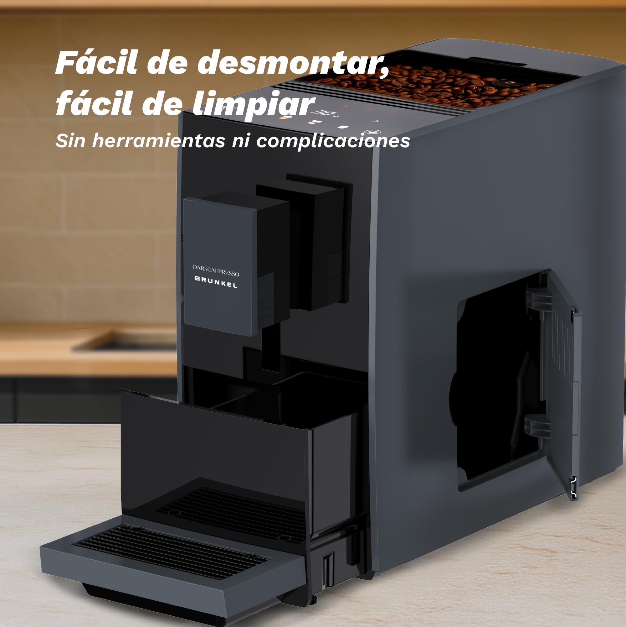 Grunkel DARKCAFPRESSO, Cafetera Súper Automática, 20 Bares, 1,2L, Molinillo Desmontable, Pantalla Táctil