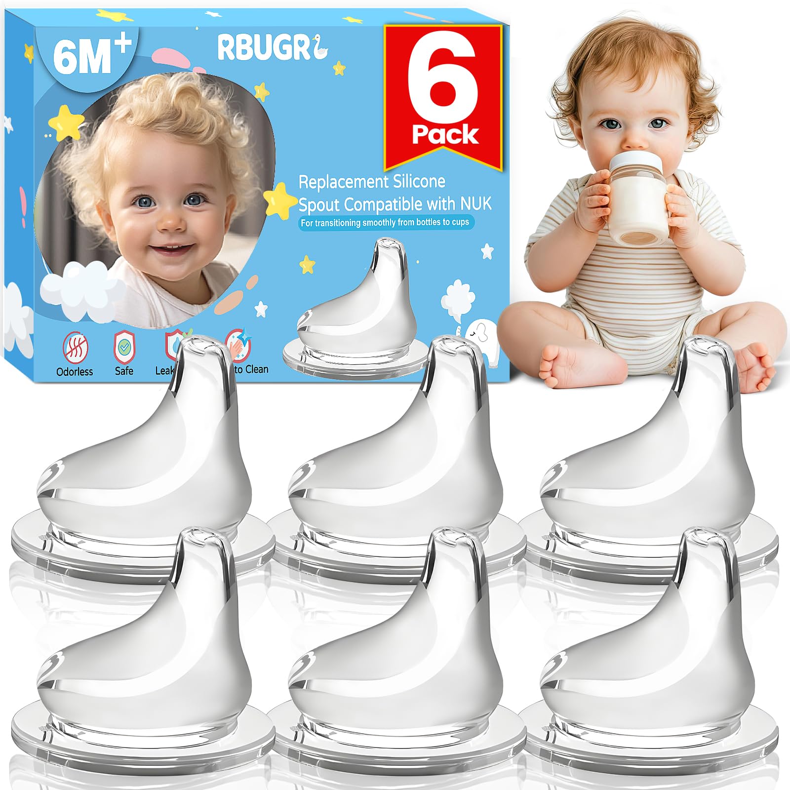 RBUGR 6 Pack Replacement Silicone Spout Compatible with NUK Active and Learner Cups, Sippy Cup Nipple for NUK Sippy Cup & Learner Cup, 100% Silicone