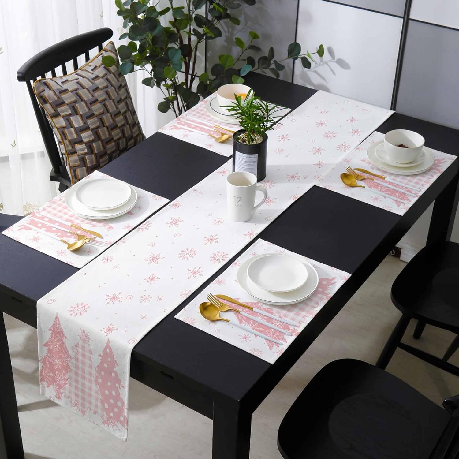 Pink Christmas Table Runner with Placemats Set of 2, Cotton Linen Kitchen Dining Mats Long Tablerunner 13"x90" Xmas Pink Snowflake Pine Tree Table Mats Set for Living Room/Dresser/Dining