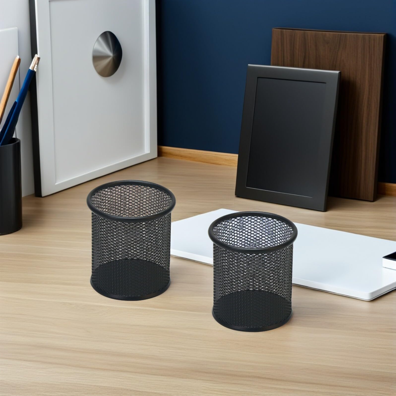 Portapenne Rotondo in Rete di Metallo Nera Set da 6 Pezzi Organizer per Scrivania e Cosmetici Contenitore Compatto Multiuso per Ufficio e Casa