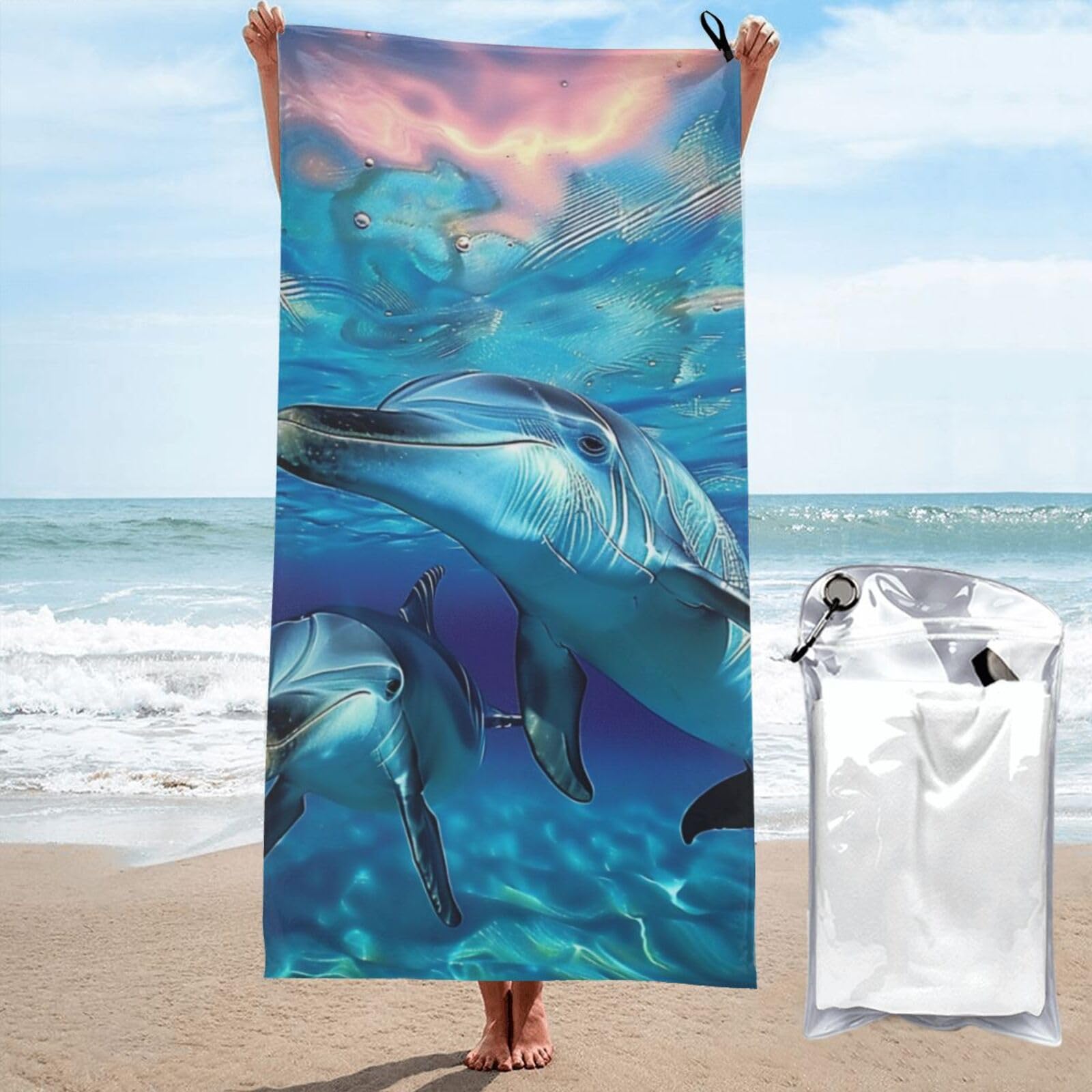 BWWHCCTI Dolphin Printed Microfiber Quick Dry Beach Towel 80x160 CM, Fast Drying Bath Towels with Bags for Travel,Camping,Gym,Beach,Swimming,Yoga