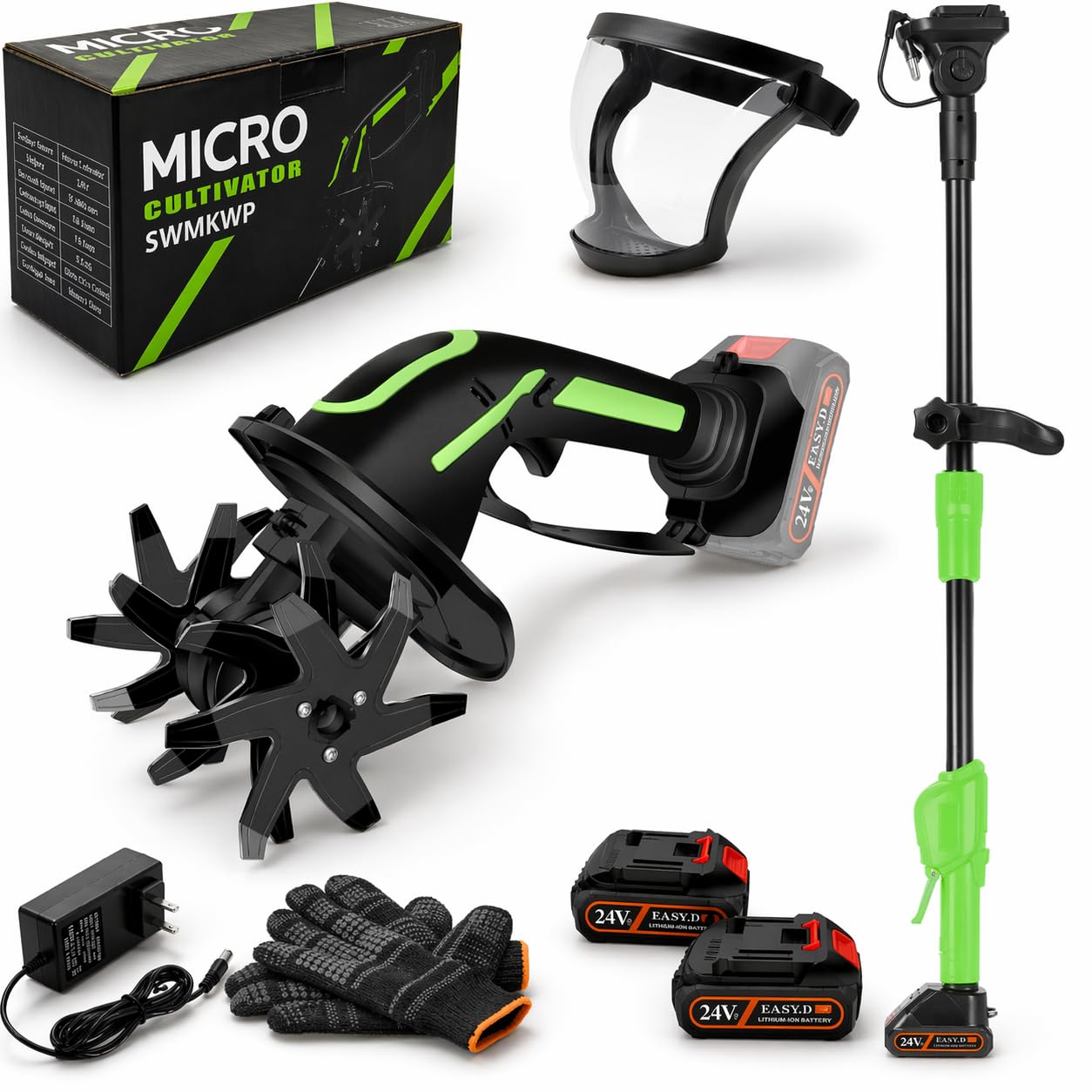 2026 New 24V 2 in 1 Cordless Tiller and Cultivator with Extension Pole,Cordless Tiller Cultivator,Handheld Tiller and Hand Held Cultivator for Garden,Weeding, Trenching (Green(2*Battery+1*Pole))