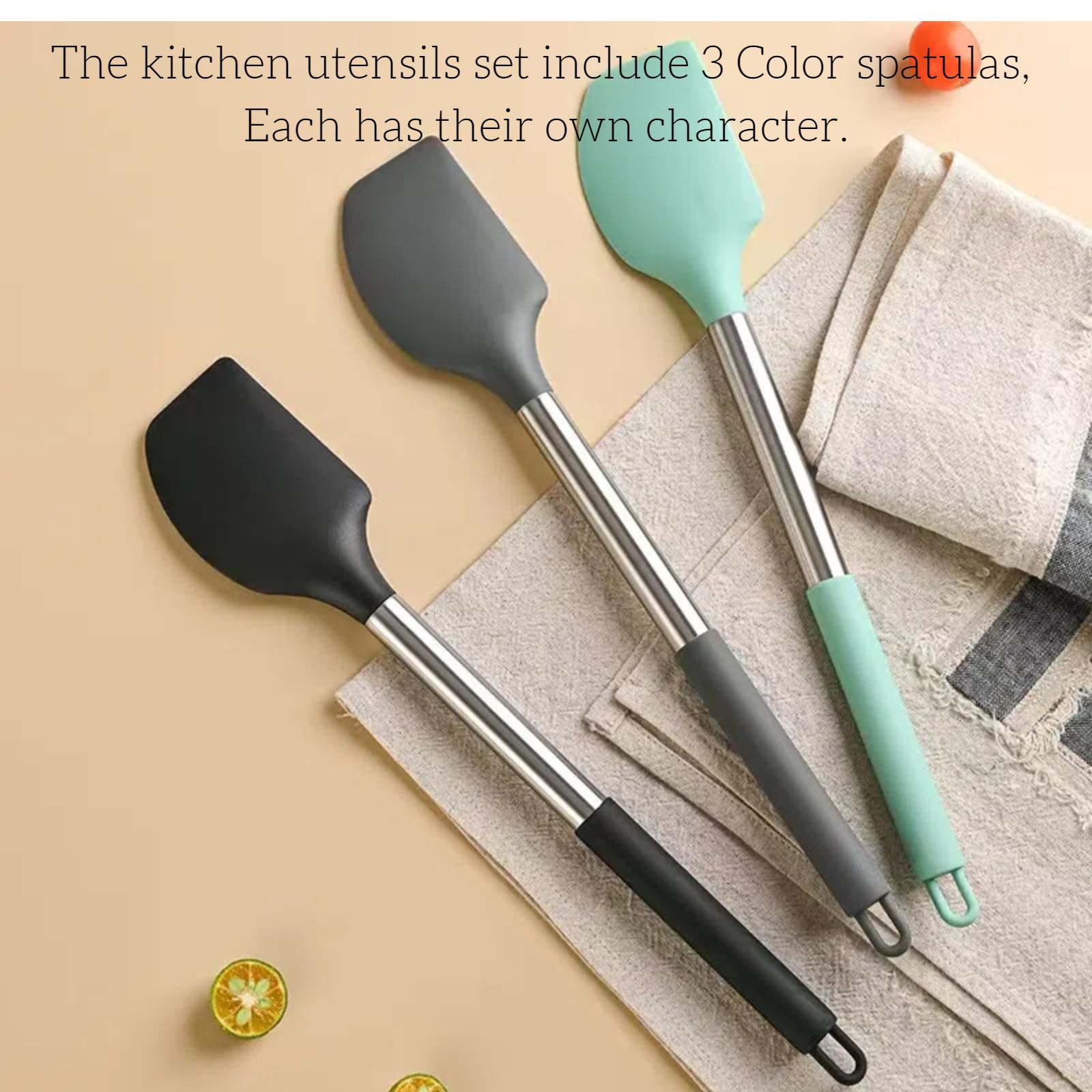 Juego de espátulas de silicona con mango de acero (13.2 pulgadas), paquete de 3 espátulas de goma antiadherentes grandes resistentes al calor 600 °F, espátulas de utensilios de cocina para 2