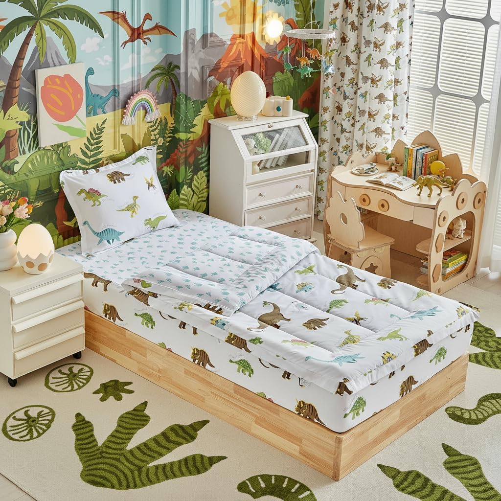 3pcs Kids Comforter Sets Full Size Kick-Proof Bedding Set with Zipper Closure, Large Sleeping Bag Bedding for Girls White Dinosaur Patchwork Design, Easy to Make and Wash Comforter Sheet Set