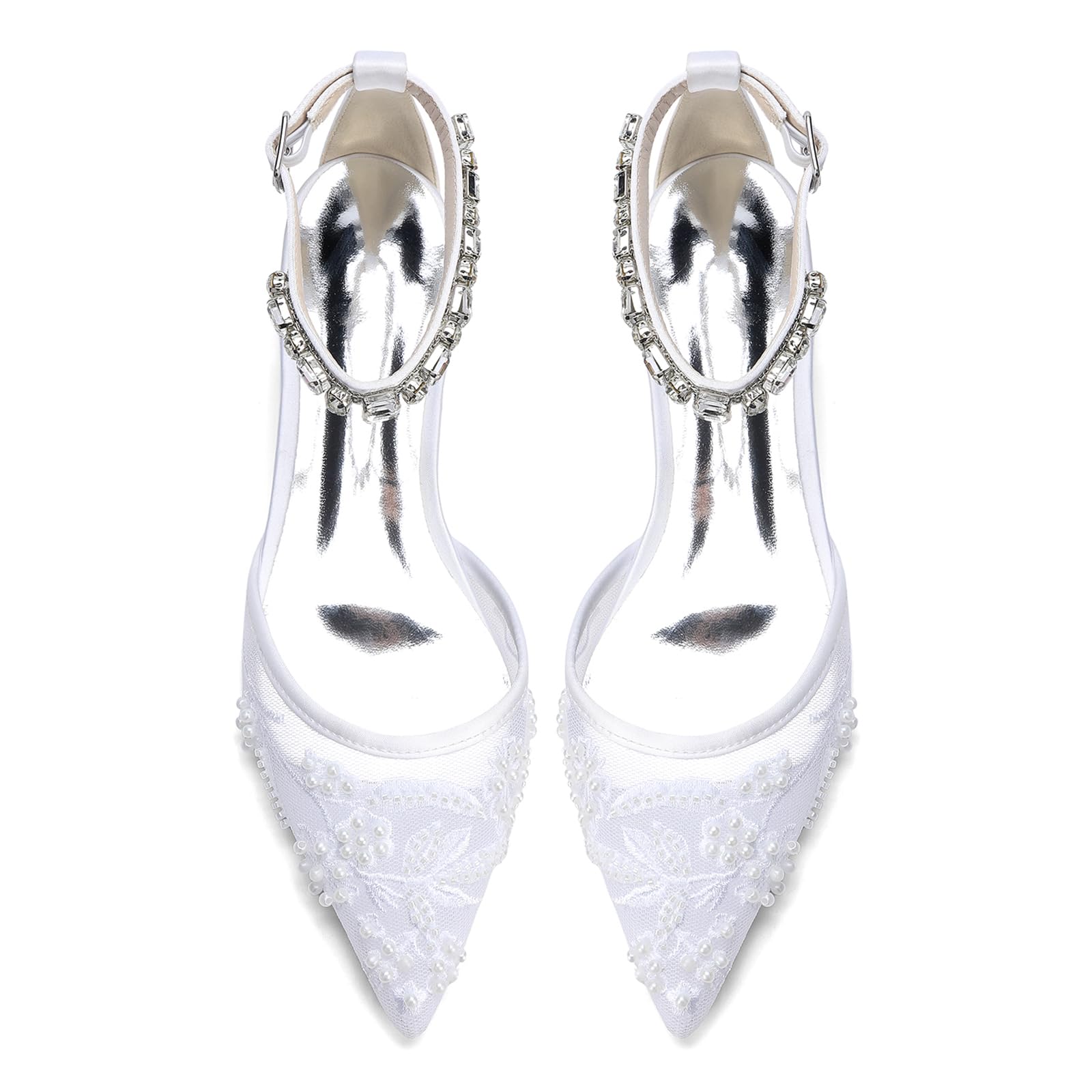Damen Flache Hochzeitsschuhe Spitz Satin Brautschuhe mit Perlen Blumen Strass Knöchelriemen Elegante Abend Ballschuhe