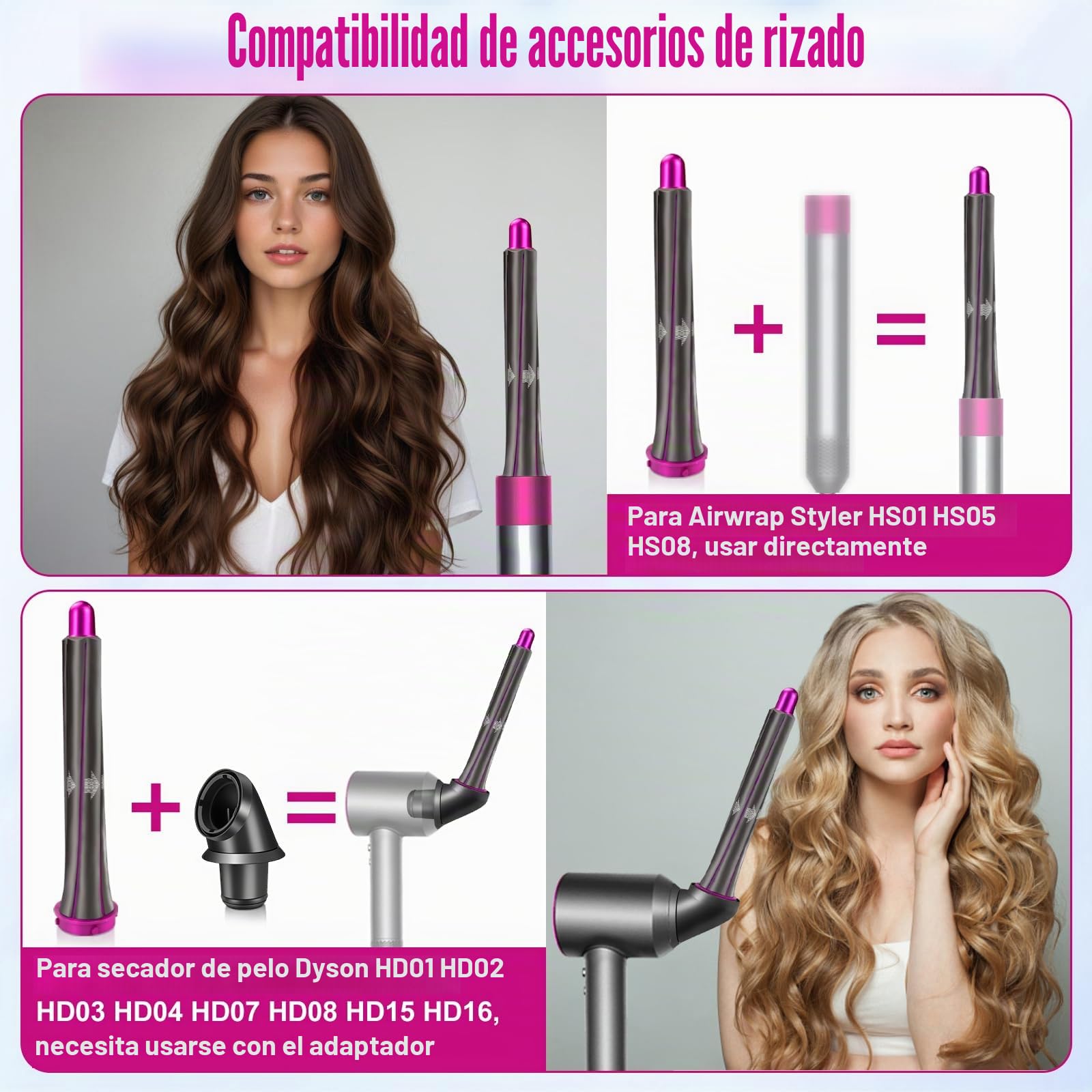 Cilindros rizadores de pelo de 0,78 pulgadas/20 mm de largo y adaptador para Dyson HD01 HD02 HD03 HD04 HD07 HD08 HD15 HD16, conversión de secador de pelo en rizador de pelo, 2 rulos 2 adaptadores