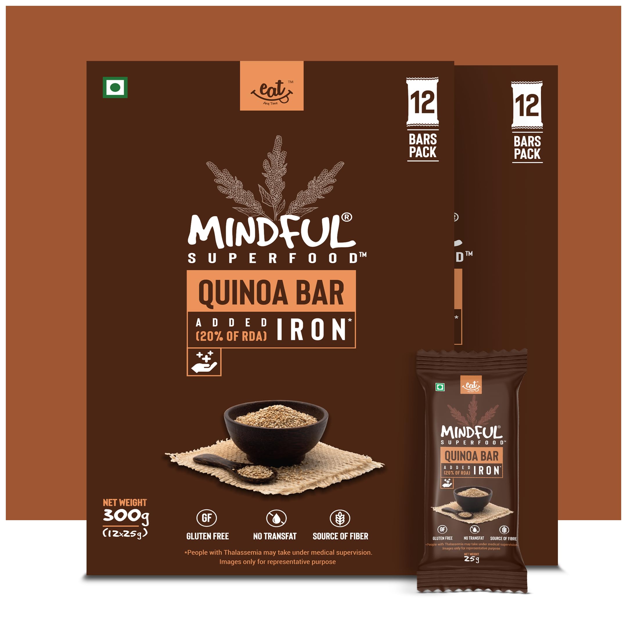 Eat Anytime Healthy Energy Quinoa Bar | Gluten Free & High Fiber | Energy Bar Sugar Free | High Protein Bar | Healthy Bar & Breakfast Protein Bar | Quinoa Bar/Energy Bar Pack of 2 - 300gm(12Pcs.of 25Gm)