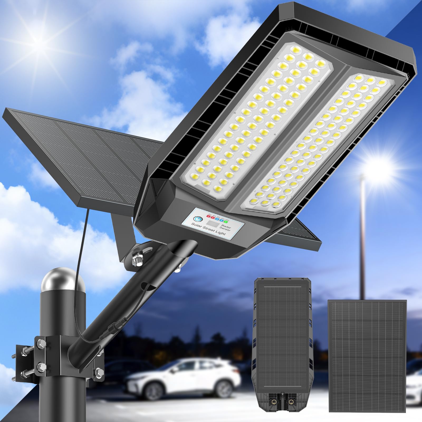 1200W Farola solar LED exterior Lámparas Solares Detector de Movimiento y Mando a Distancia, IP67 Resistente al Agua,4 Modos de Iluminación,6500K Superbrillante para Jardín,Patio,Garaje