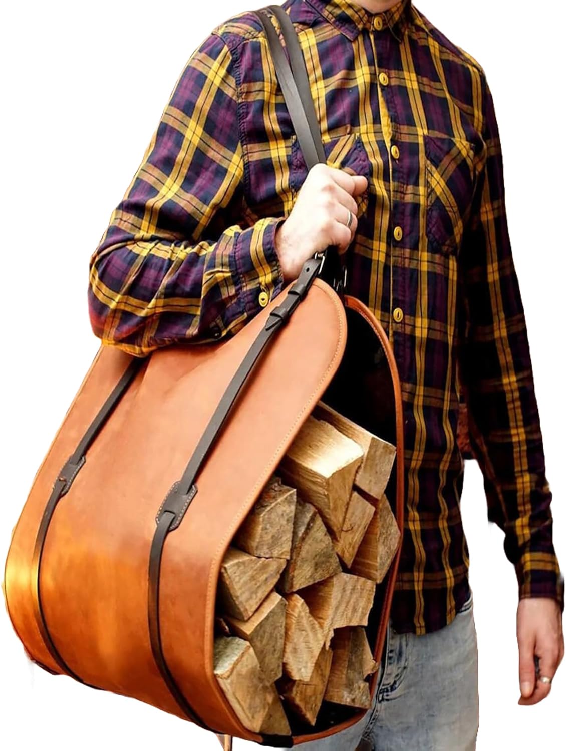 Premium Leather Firewood Carrier with Adjustable Straps, Tan Brown Log Tote Bag, Heavy-Duty Wood Holder for Fireplace, Outdoor Fire Pit