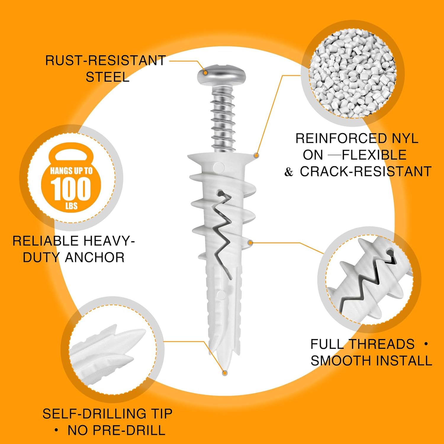 300PCS #8 Self Drilling Drywall Anchors with Screws Kit - 150 Nylon Anchors and 150#8×1-1/4" Screws,No Pre-Drill Required,100LBS Heavy Duty Wall Anchors for Hanging