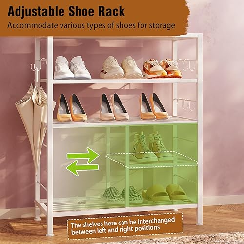 Miniatura 6 de GiftGo Estante de madera moderno de 5 niveles con 9 ganchos de metal movibles, organizador de almacenamiento para el hogar, oficina, dormitorio,