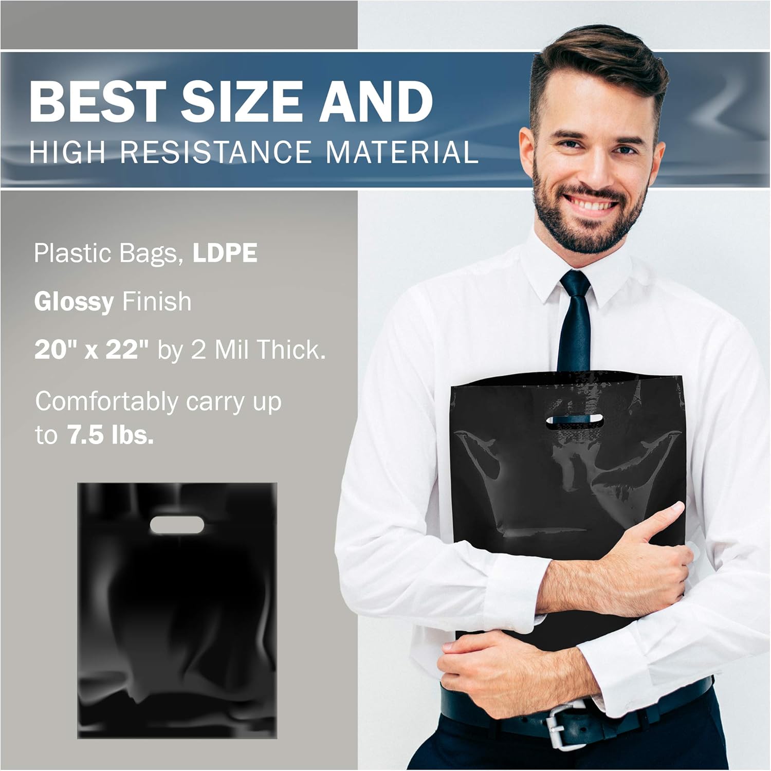 20x22 Black Plastic Merchandise Bags, Glossy Finish, Extra Large Retail Size, 100 Pack, 2 Mil Thick, with Die-Cut Handles by PPB
